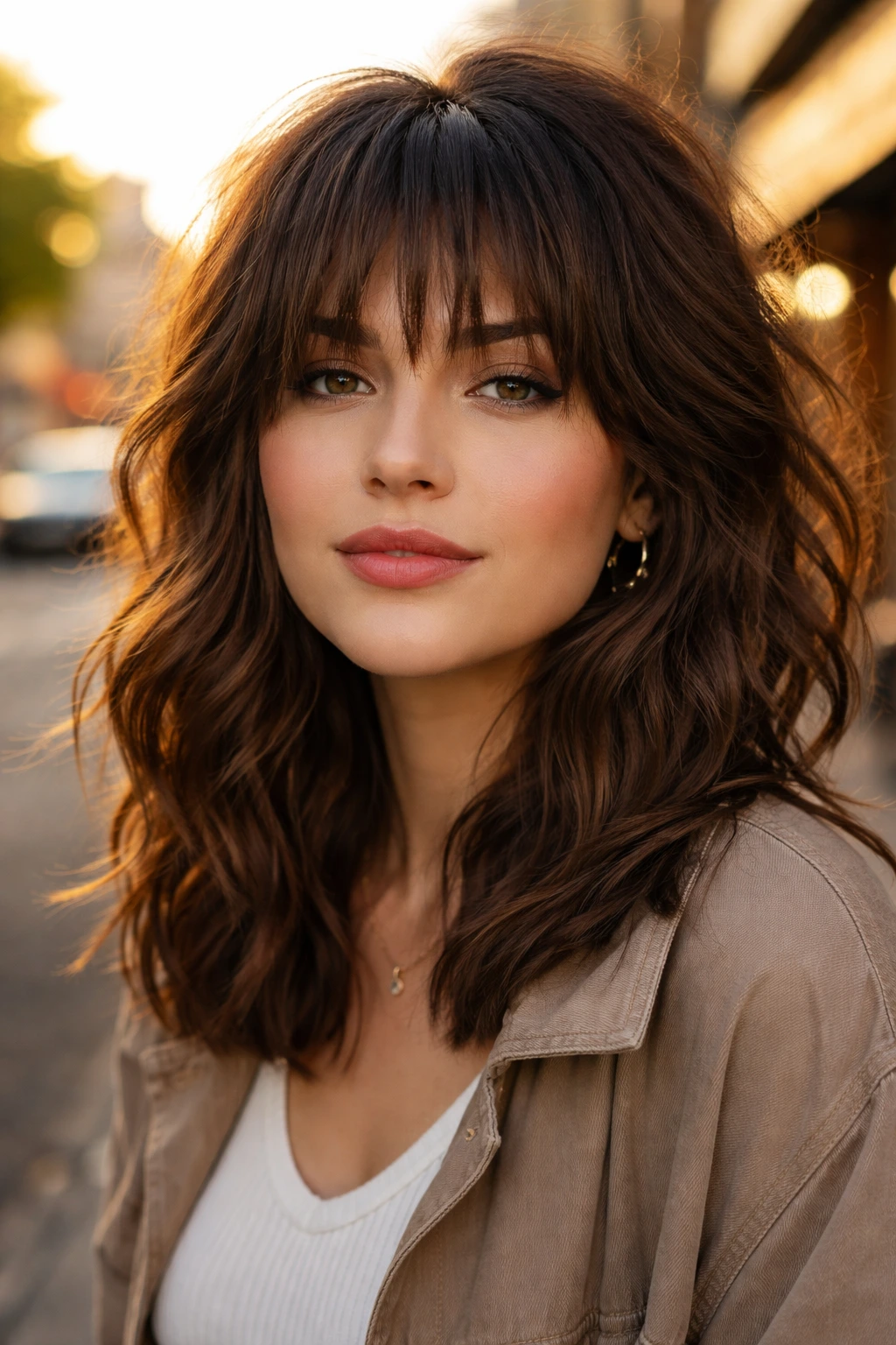 Real woman with textured shag fringe on an urban street at golden hour.
