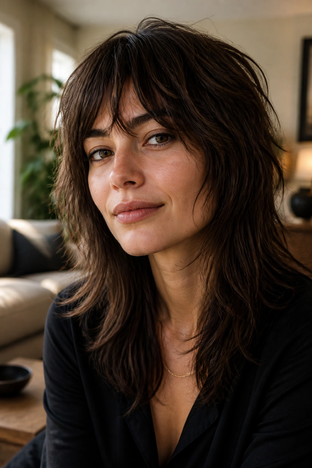 Close-up portrait of a real person with a textured shag hairstyle showing crown-to-ends movement