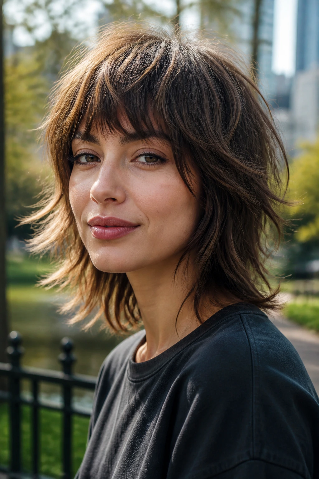 Portrait of a person with a textured shag hairstyle outdoors in daylight