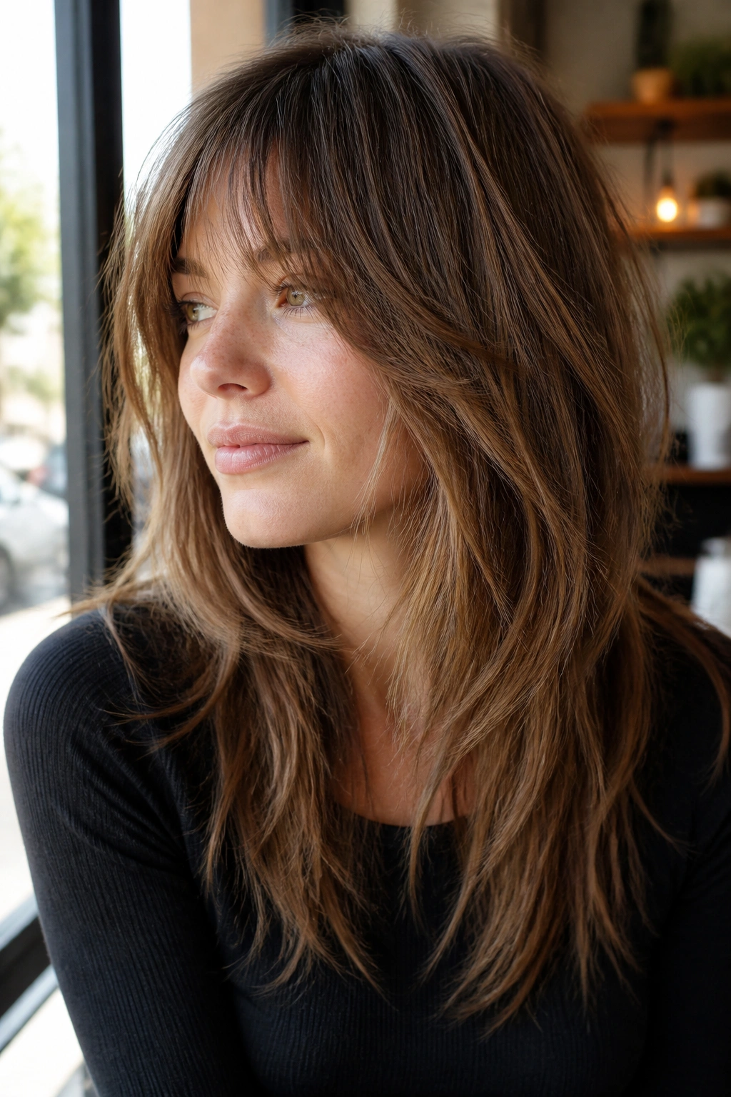 Close-up of a real woman with textured shag and long invisible layers.