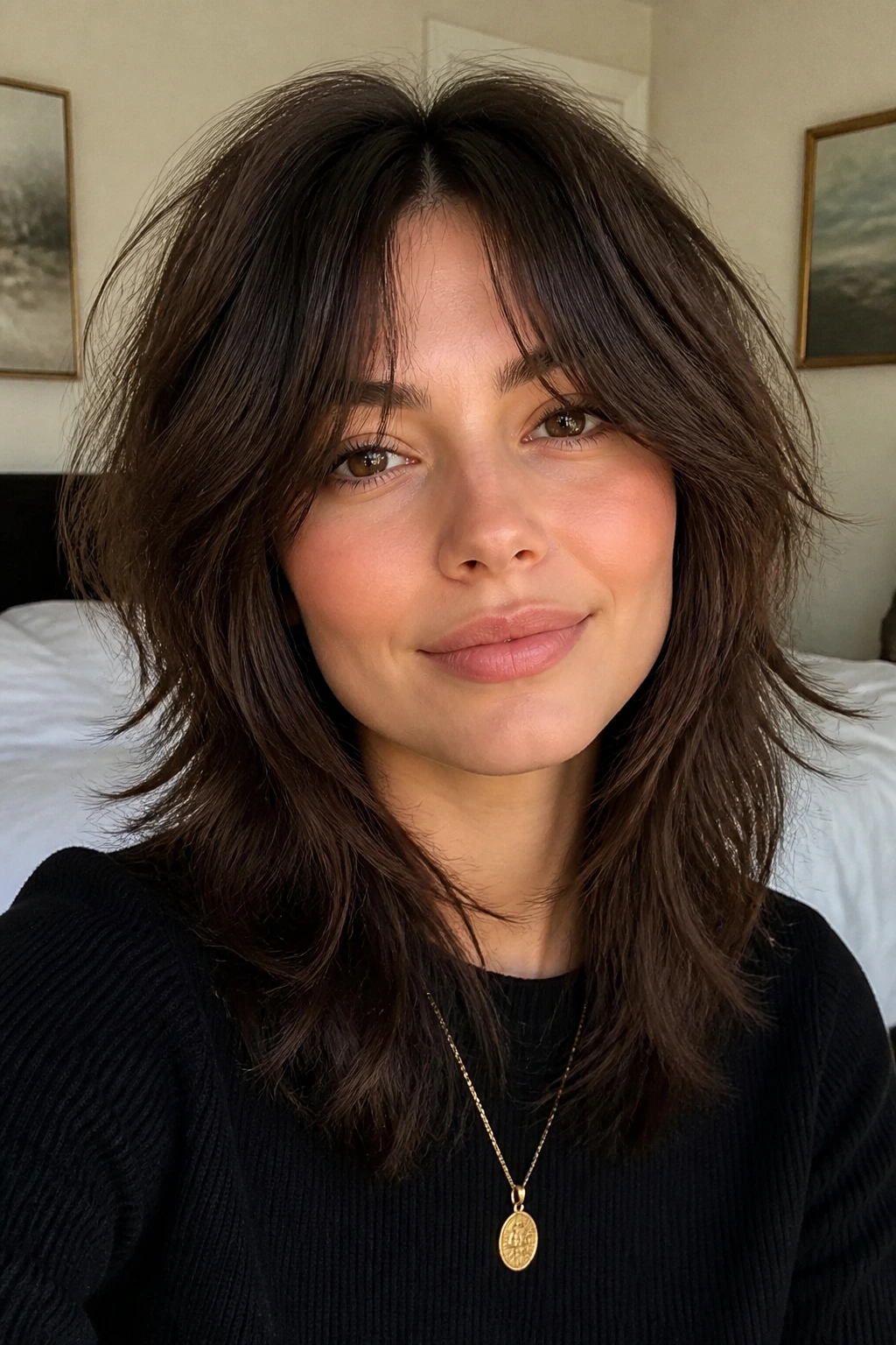 Close-up of a real woman with a textured shag hairstyle and middle part