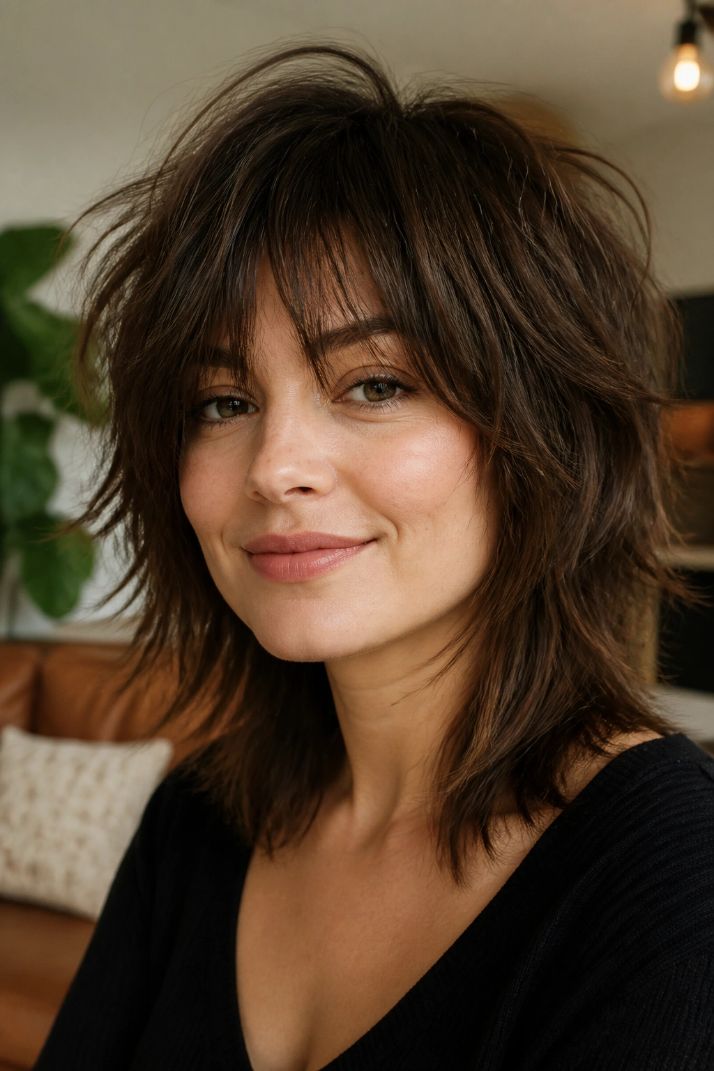 Real woman with textured shag and piecey layers, close-up portrait.