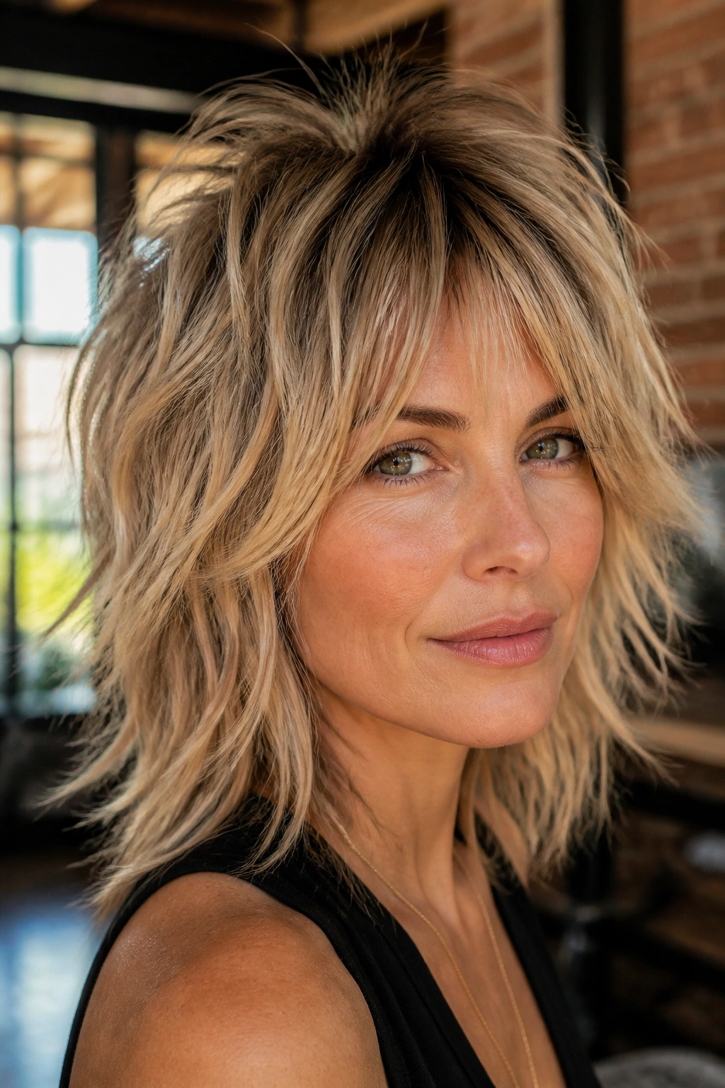 Real woman with textured shag and rooty blonde dimension in a sunlit loft