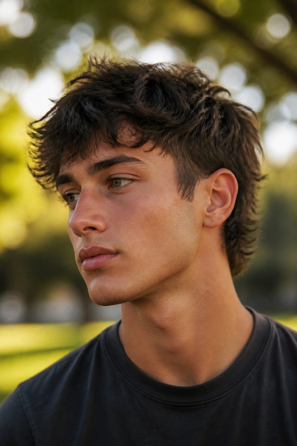 Portrait of a man with textured shag haircut and short sides.