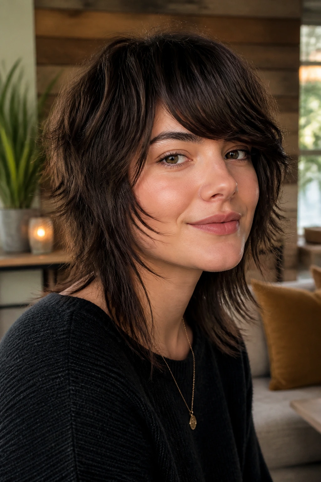 Close-up of a real woman with textured shag and side fringe