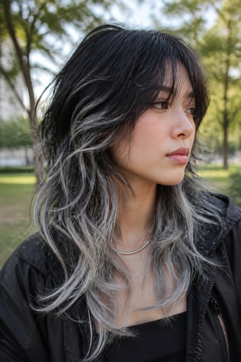 Close-up of a real person with textured shag hair and silver swirls