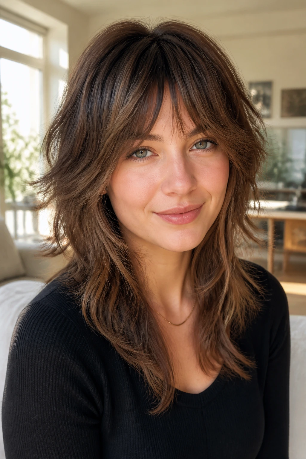 Portrait of a person with a textured shag and soft ends.
