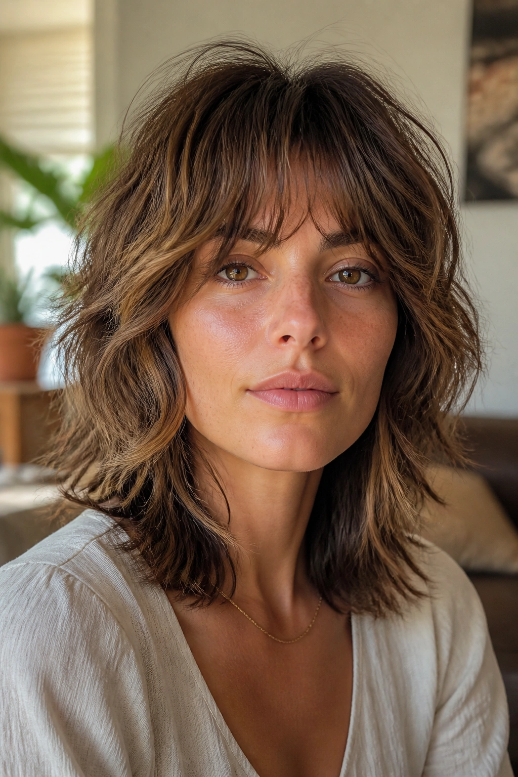 Close-up of a real woman with a textured shag hairstyle featuring layered waves