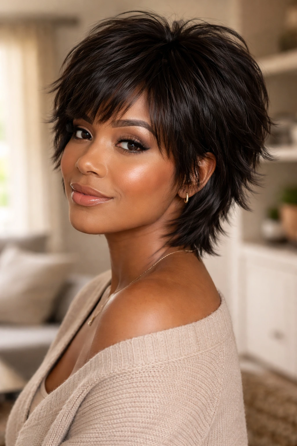 Close-up of a real woman wearing a textured shag wig with layered crown