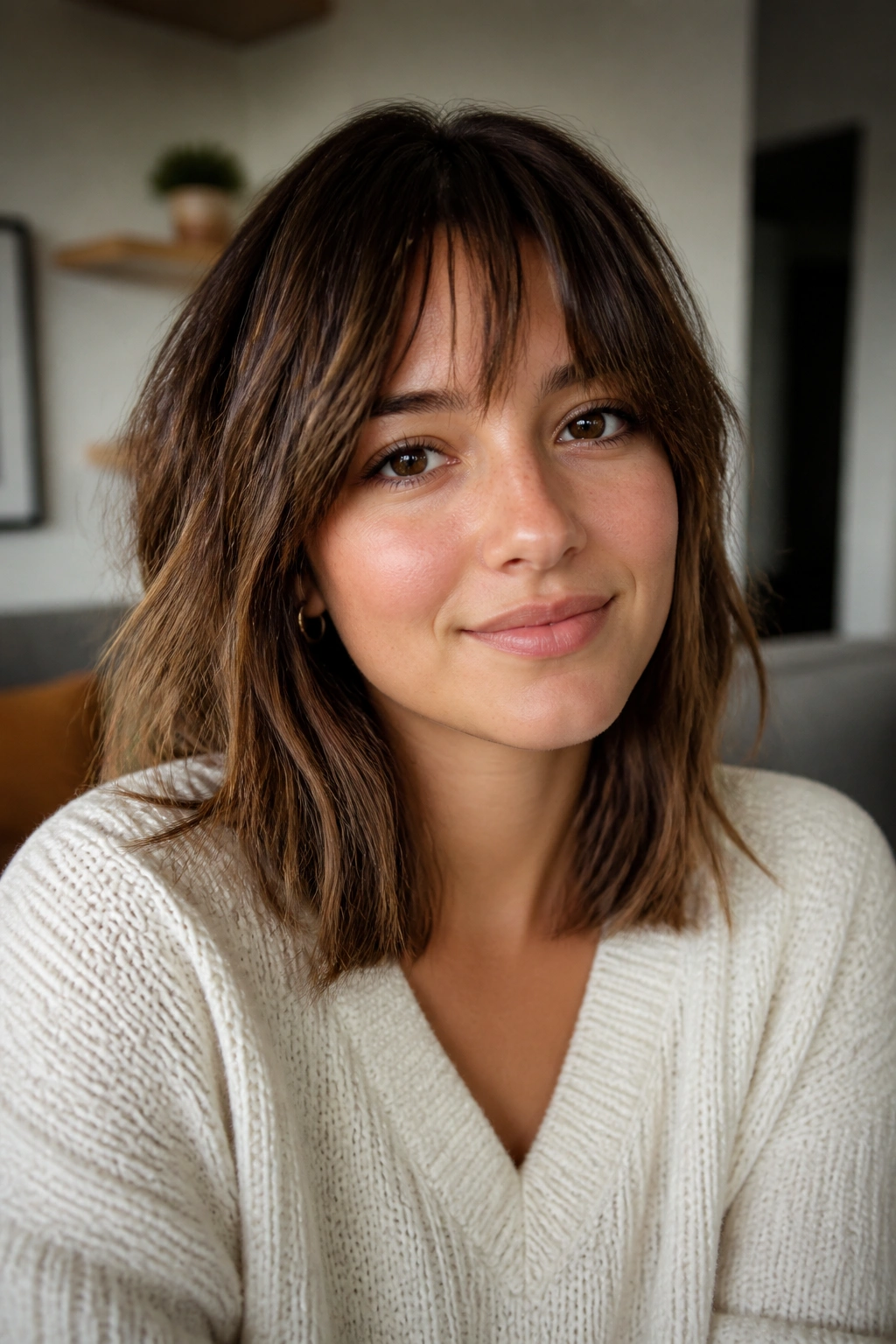 Portrait of a woman with textured shoulder-length cut and broken bangs.