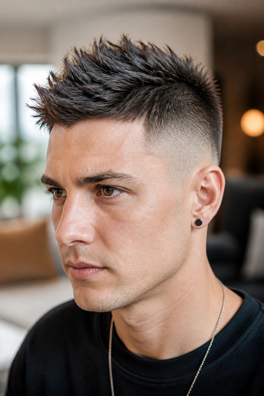 Portrait of a person with a textured spiky mohawk in a cozy interior.