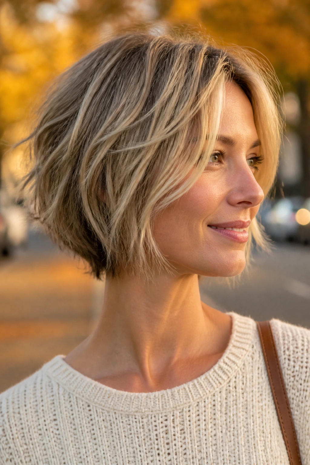 Real woman's textured stacked bob with piecey ends in golden hour lighting