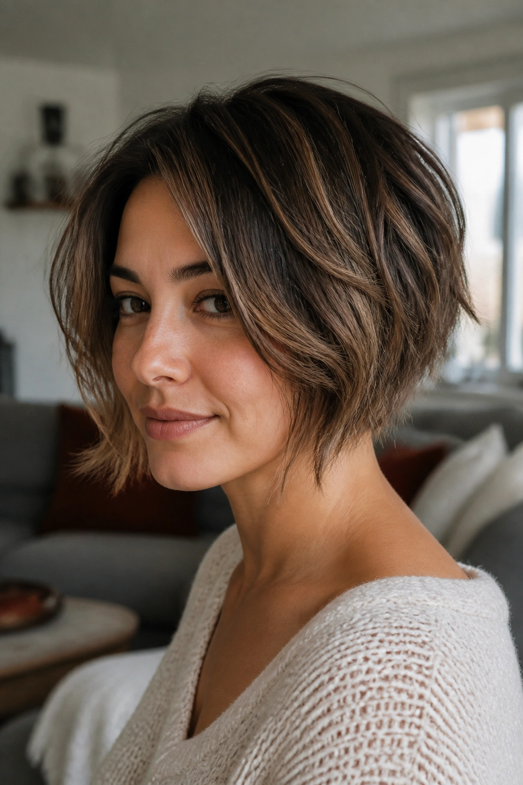 Real woman with textured stacked bob and piecey ends.