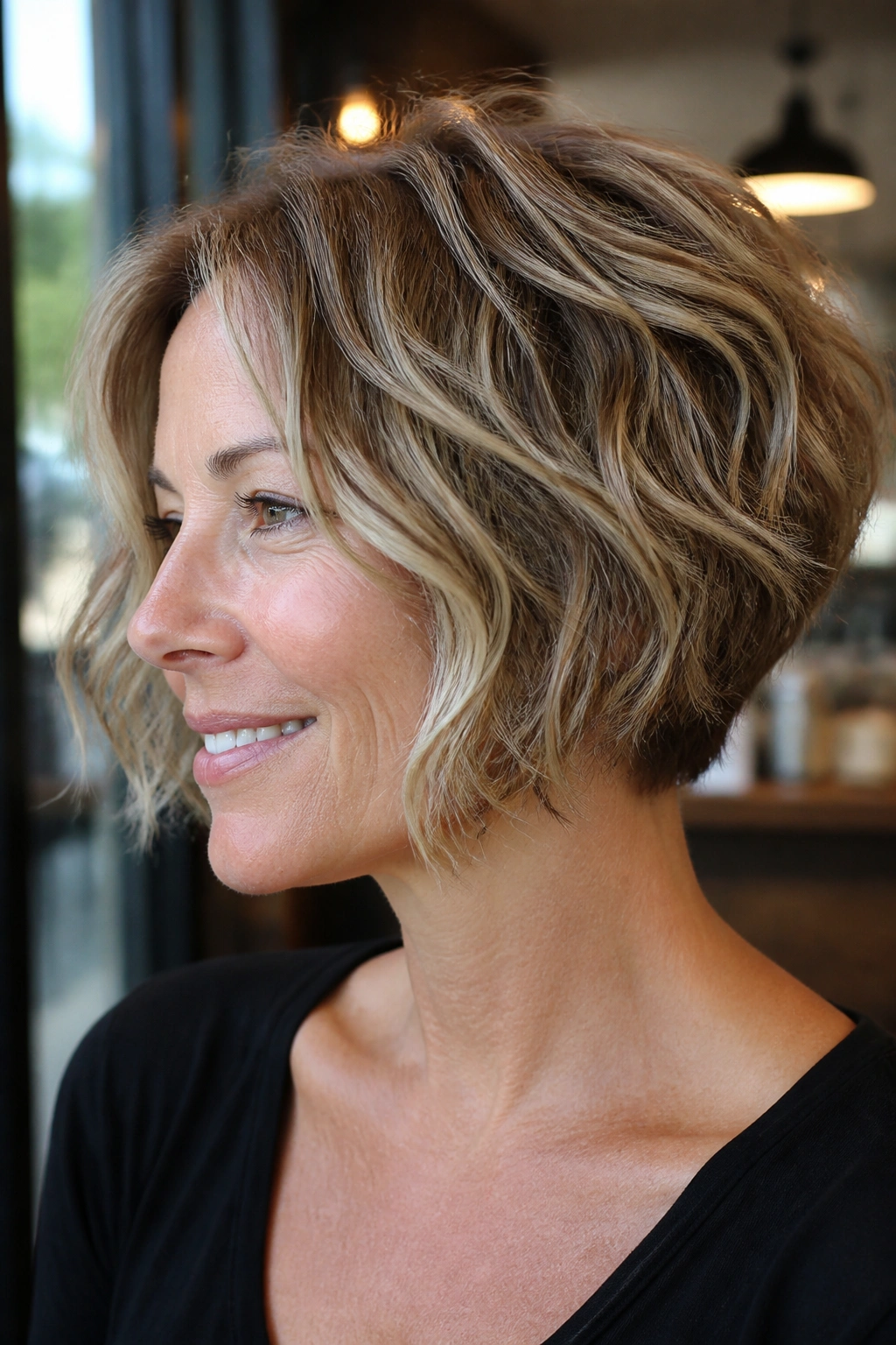 Real woman with textured stacked bob for wavy fine hair.
