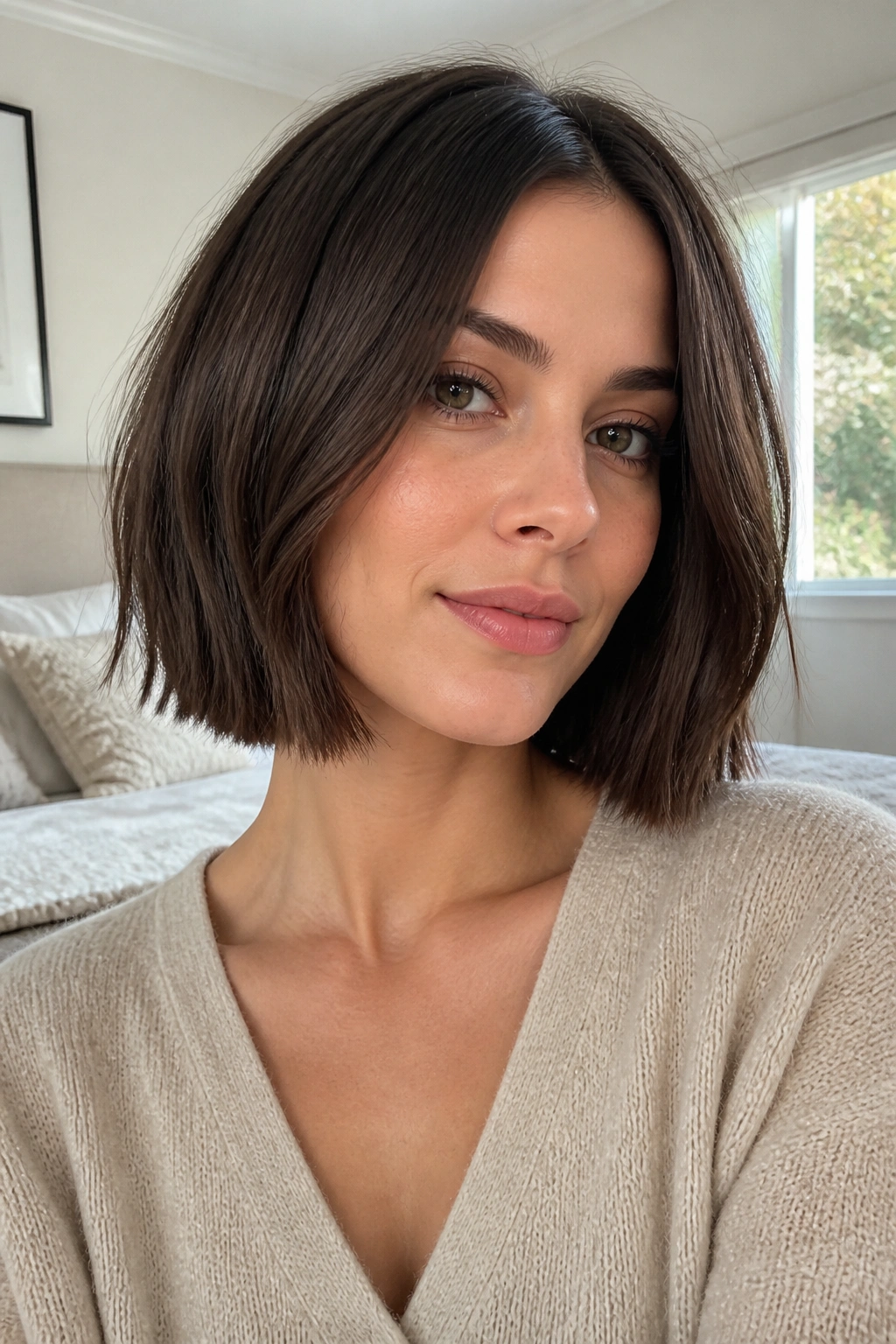Close-up of a real woman with a straight bob and barely-there texture in soft window daylight.