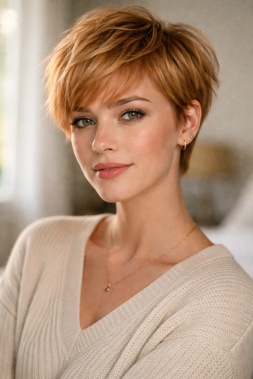 Close-up of a real woman with a textured strawberry blonde crop, natural window light in a cozy bedroom.