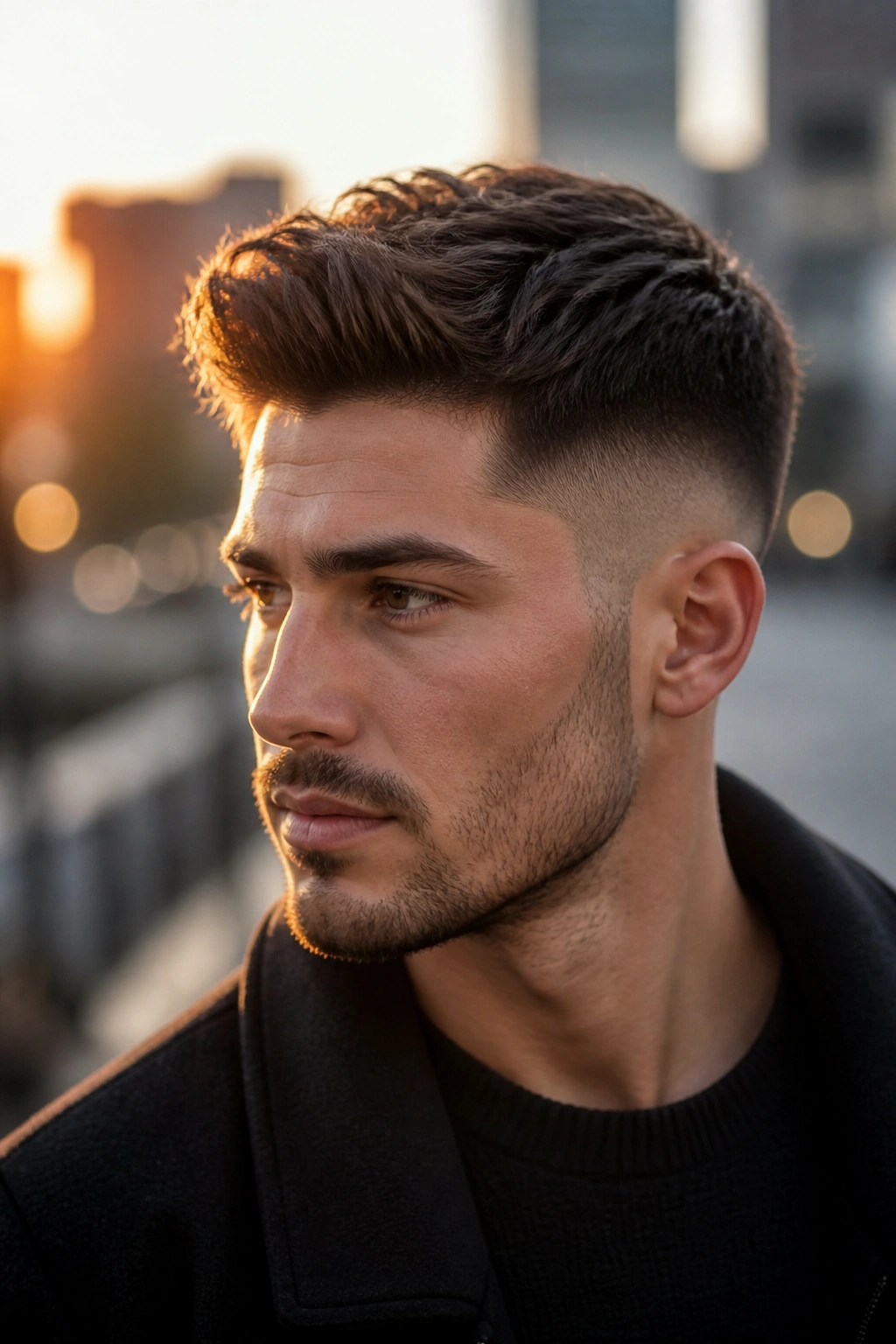 Close-up of man with textured top and fade in golden-hour light