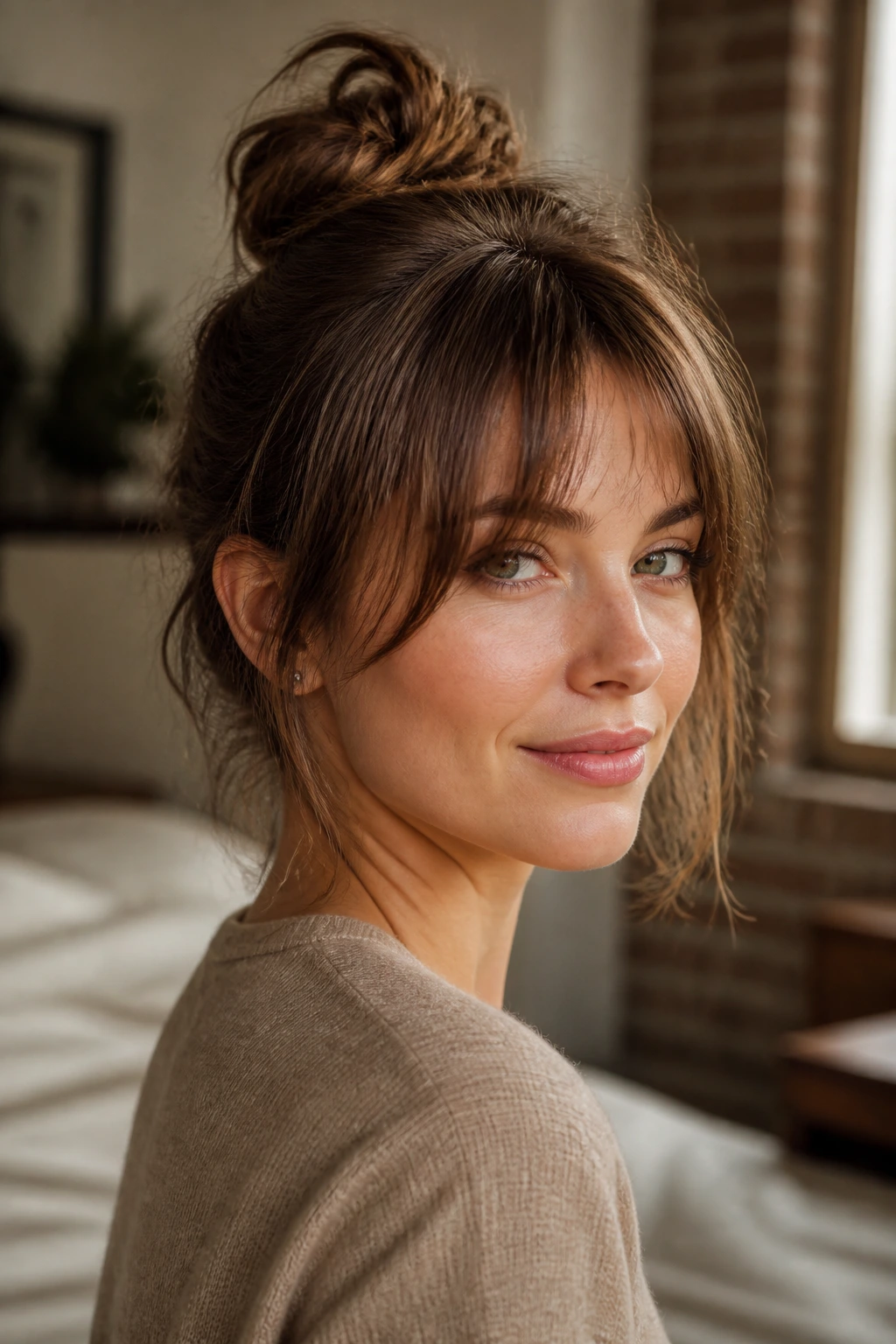 Close-up of a real person with a textured top knot and loose fringe.
