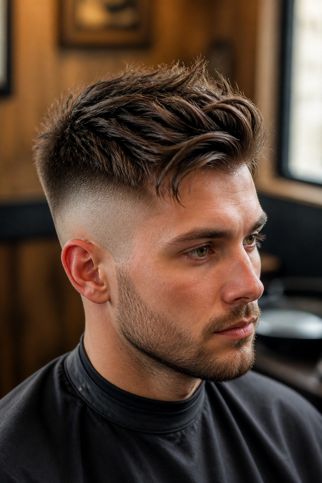 Close-up of man with textured undercut and strong side separation in a barbershop