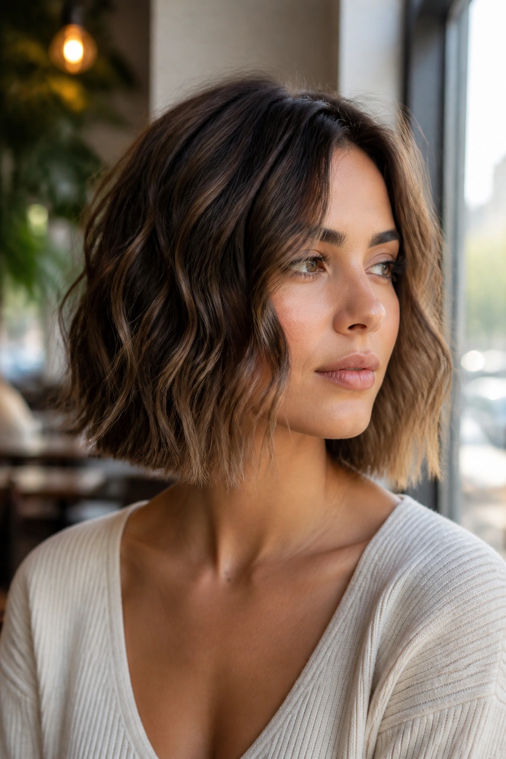 Close-up real person with blunt lob and textured waves mid-length