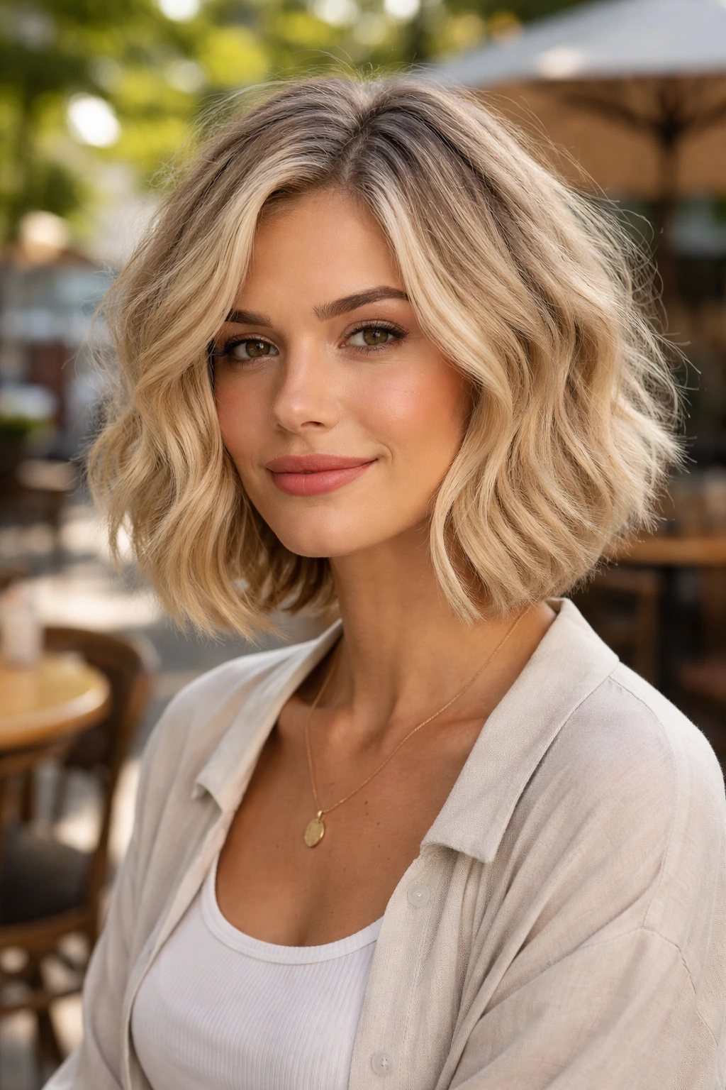 Close-up of a real woman with textured wavy blonde bob outdoors