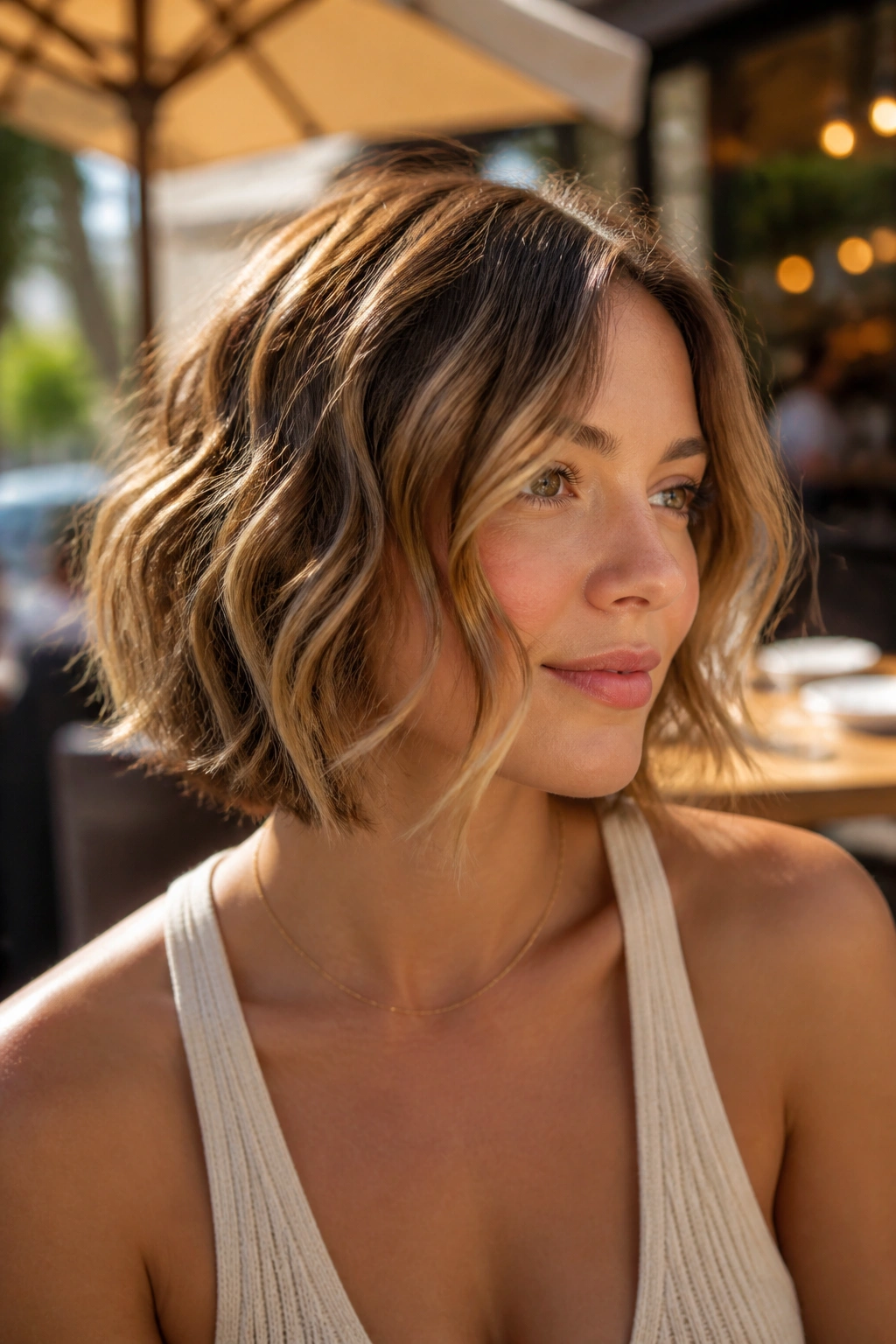 Medium close-up of real woman with textured wavy bob in outdoor cafe daylight