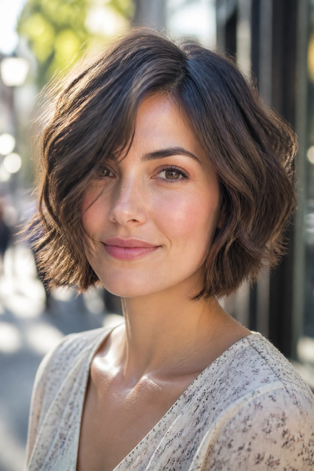 Portrait of a person with a textured wavy bob in natural sunlight