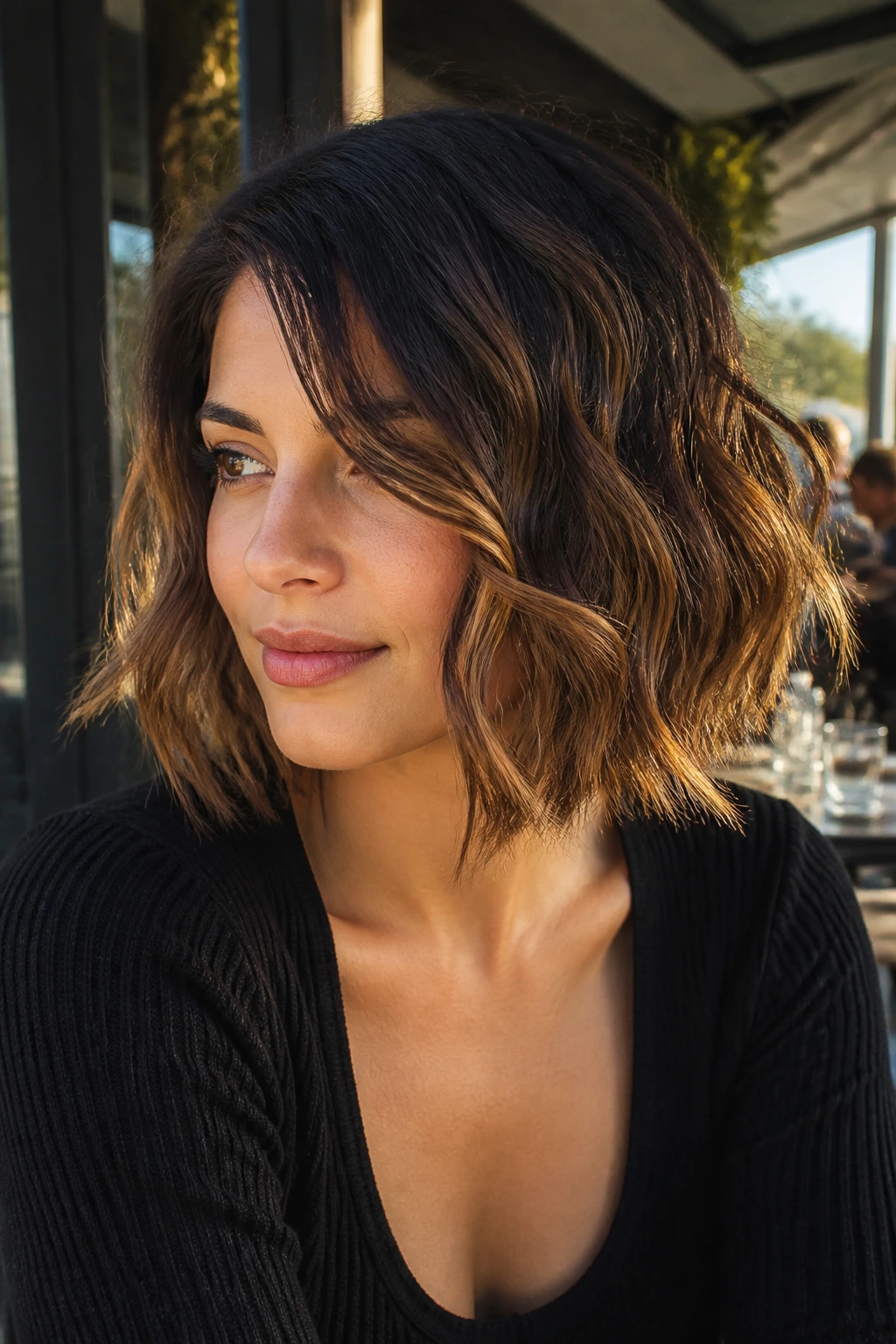 Brunette with textured wavy bob and caramel ribbons close-up portrait.