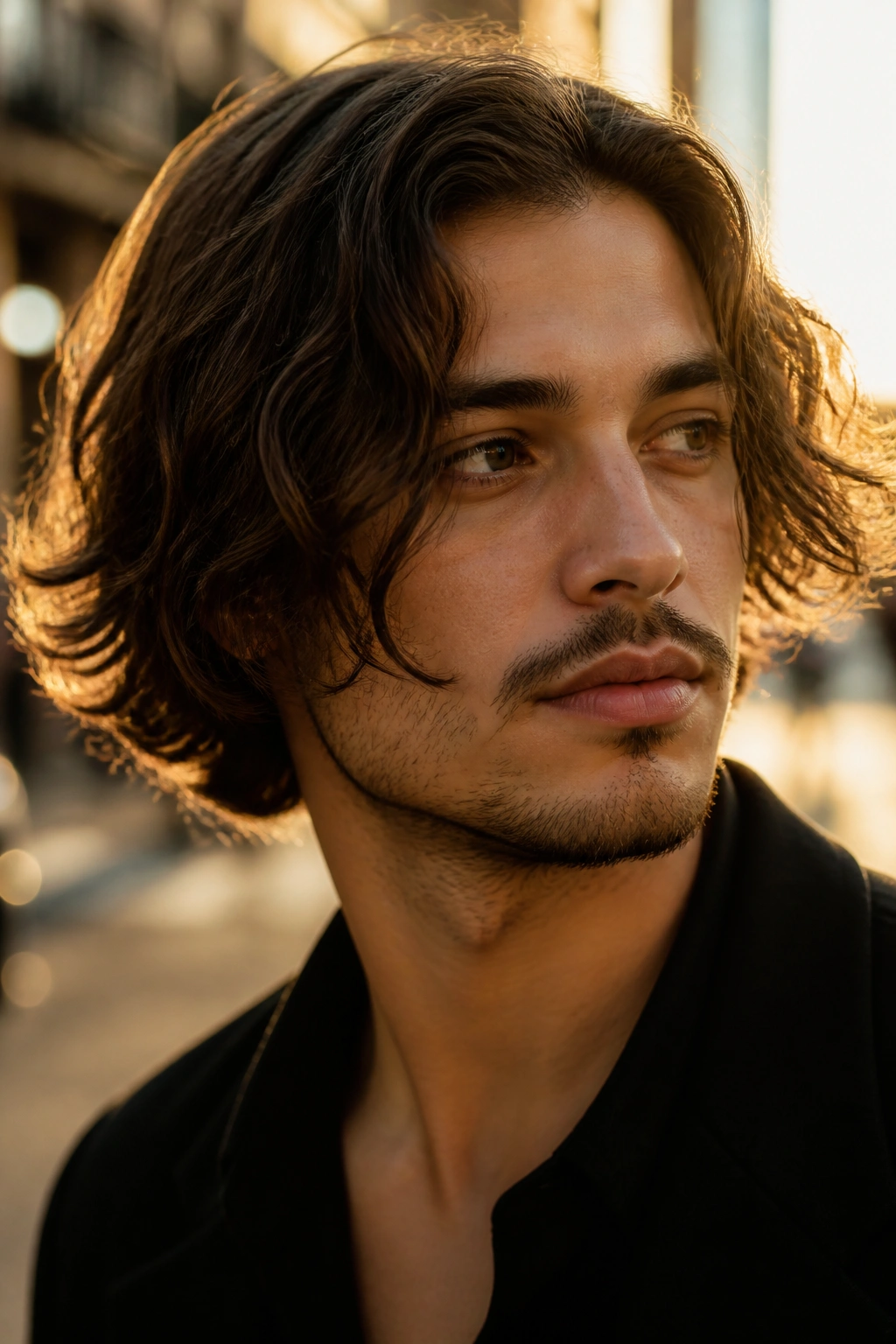 Close-up of a man with a textured wavy bob outdoors at golden hour