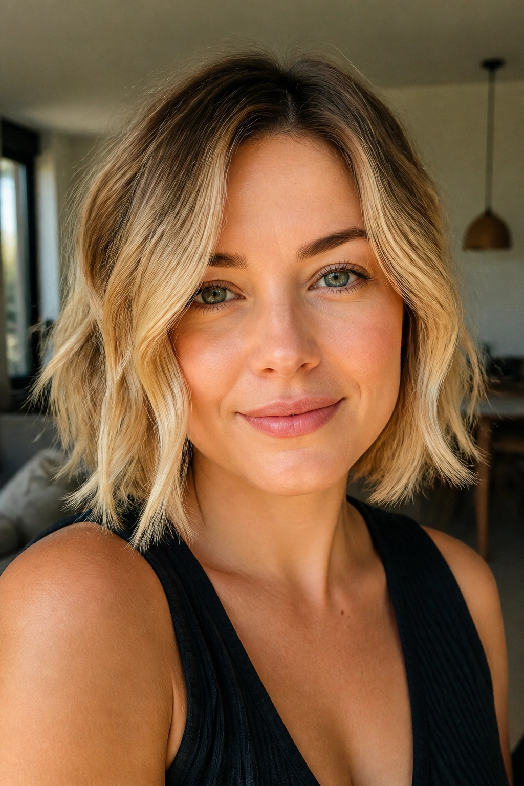Real woman with textured wavy bob and piecey ends in sandy blonde