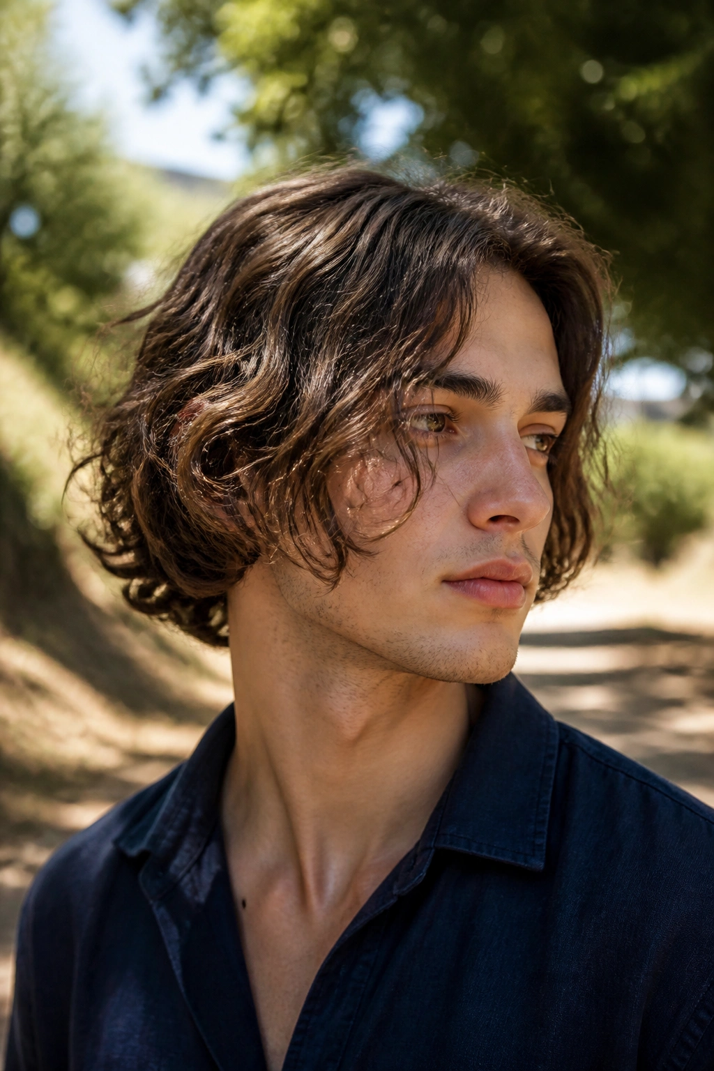Close-up of a man with a textured wavy bob in outdoor sunlight