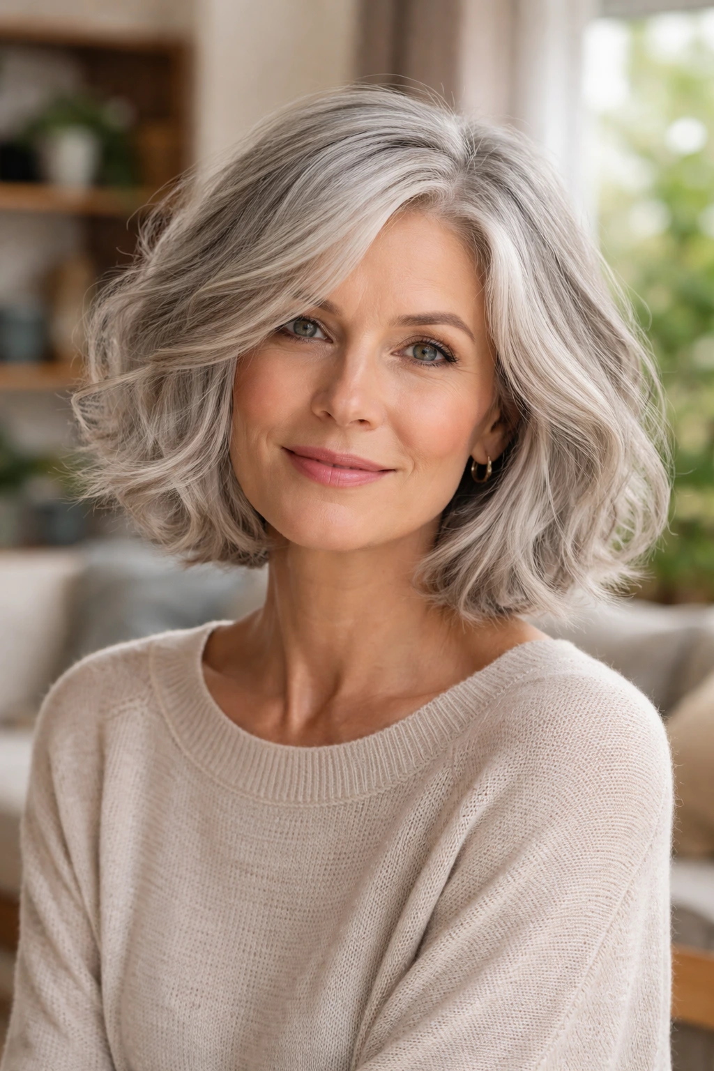 Close-up of a real woman with a textured wavy silver bob catching natural daylight