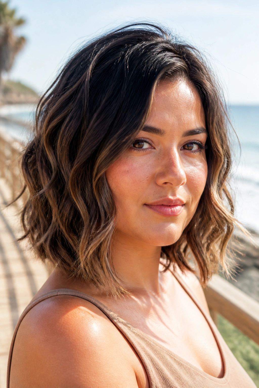 Portrait of a real woman with a textured wavy lob and loose waves.