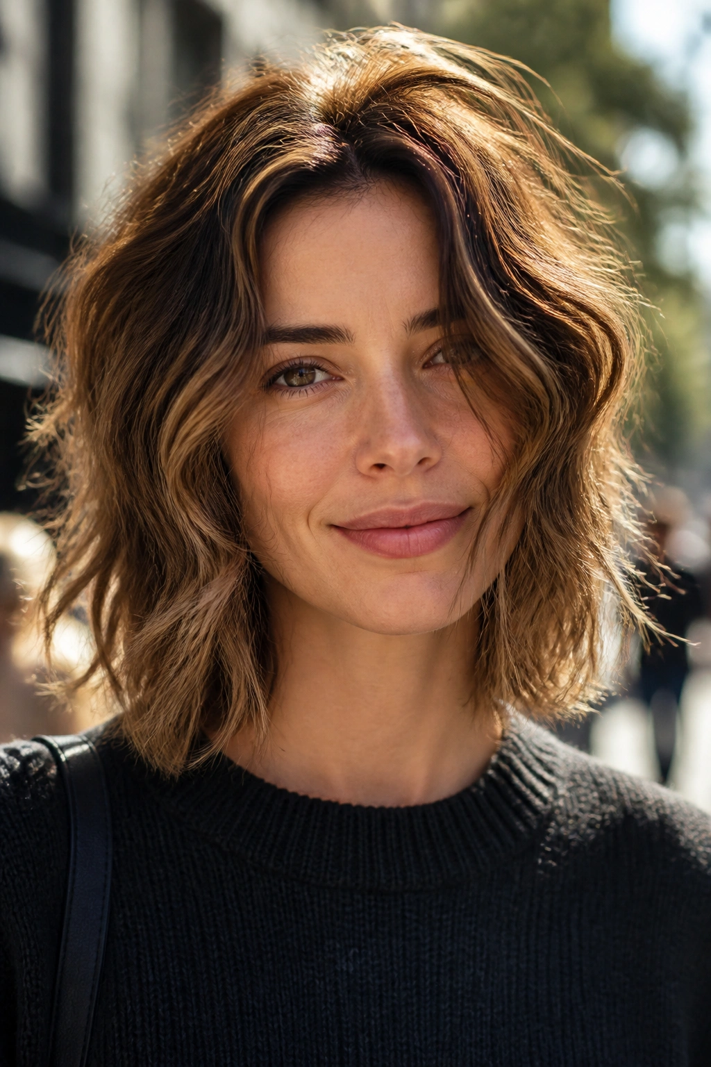 Real woman with textured wavy lob outdoors in daylight