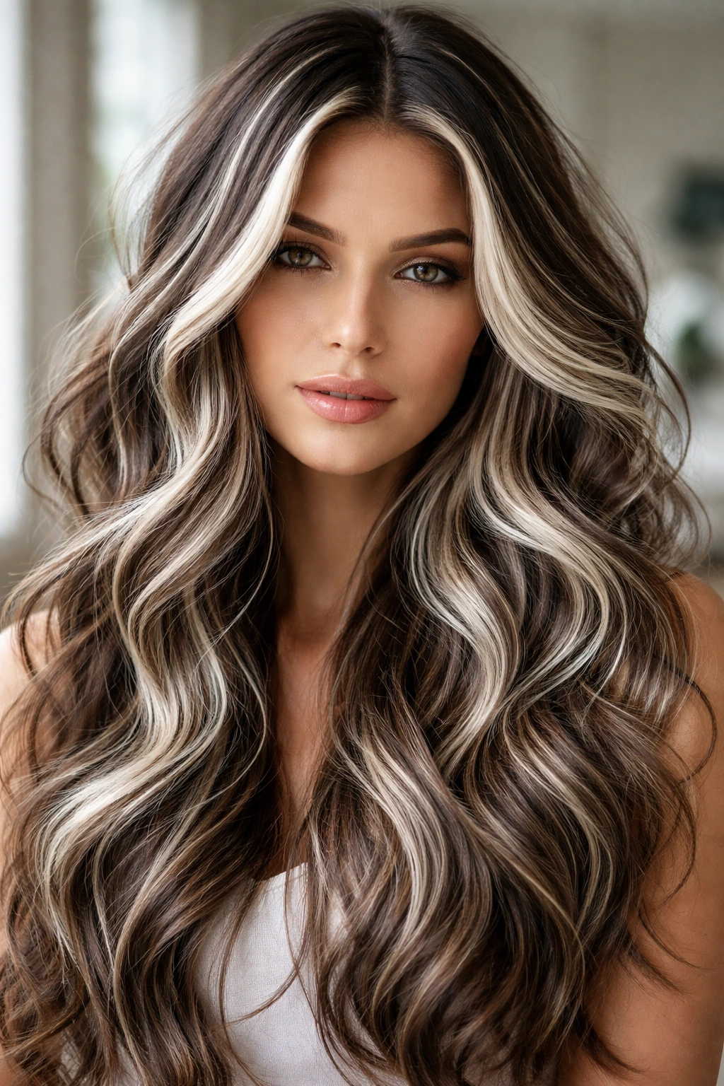 Close-up of textured white accents in loose waves on real person's hair