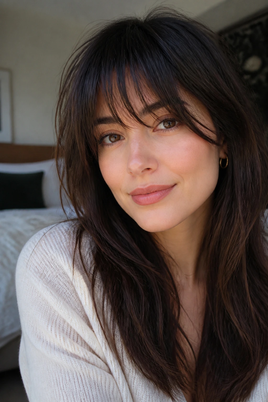 Woman with textured wispy fringe in a soft-lit bedroom.