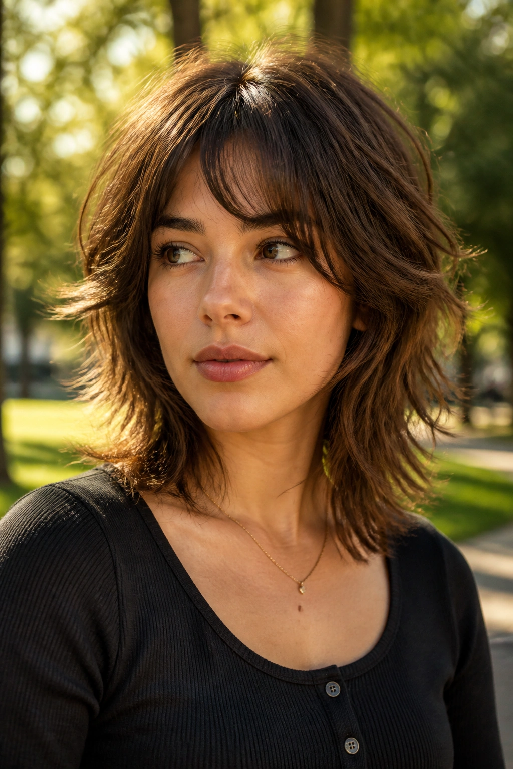Real woman with textured wolf cut lite showing crown lift