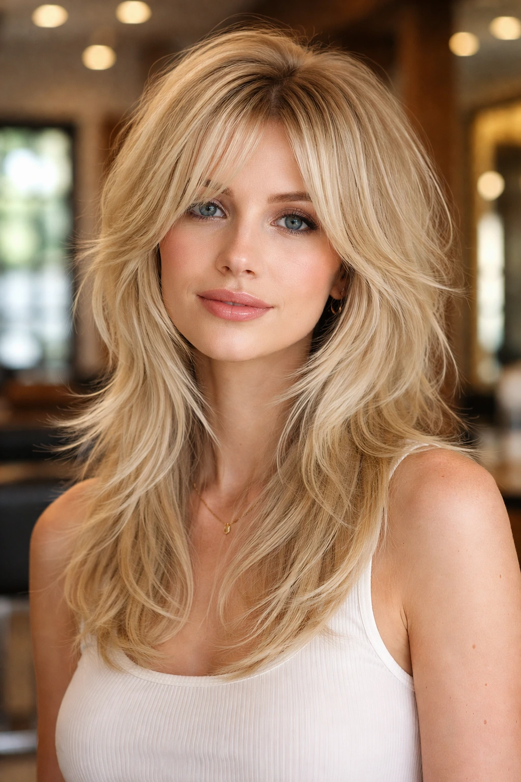 Close-up portrait of a real woman with a textured wolf cut (soft version) in a sunlit salon