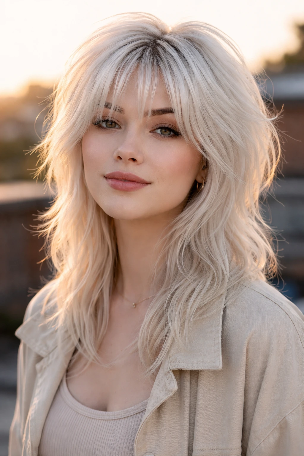 Real woman with textured wolf cut and wispy bangs on white hair on a rooftop at golden hour