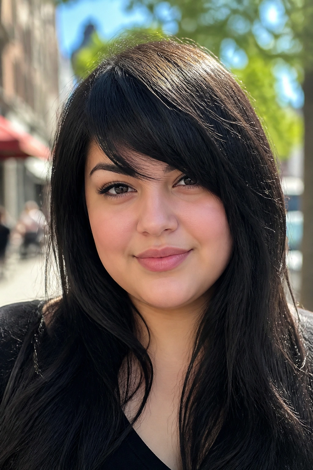 Close-up of a real woman with thick asymmetrical bangs.