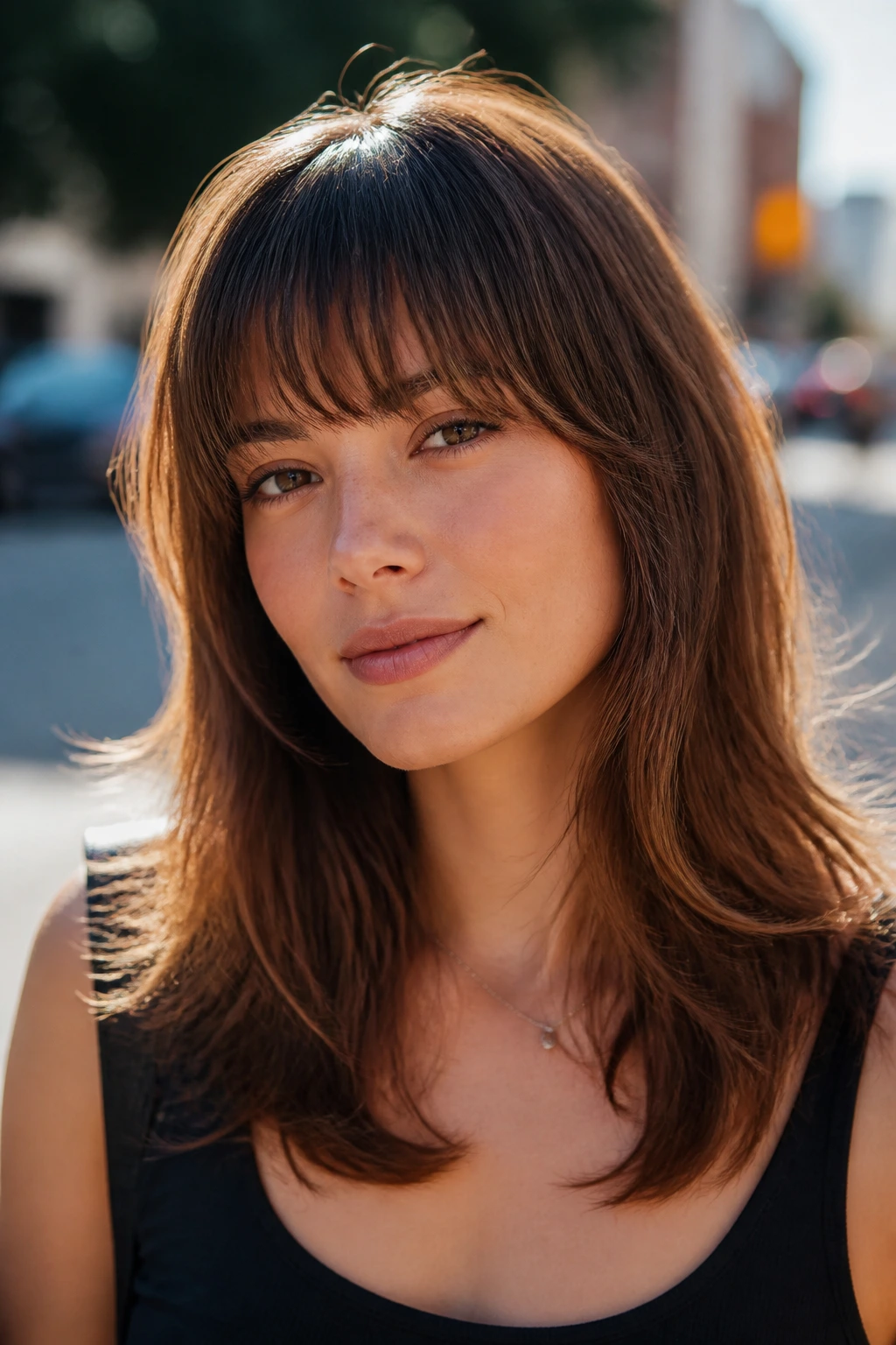 Close-up portrait of a real woman with thick bangs tapered at the ends