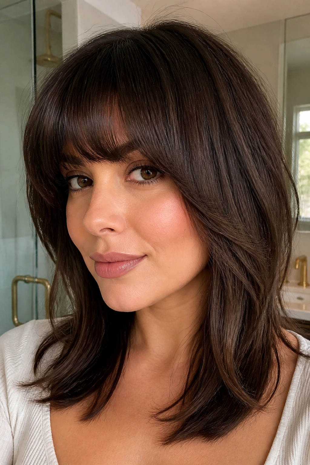 Front-facing close-up of a real woman with thick bangs and face-framing layers