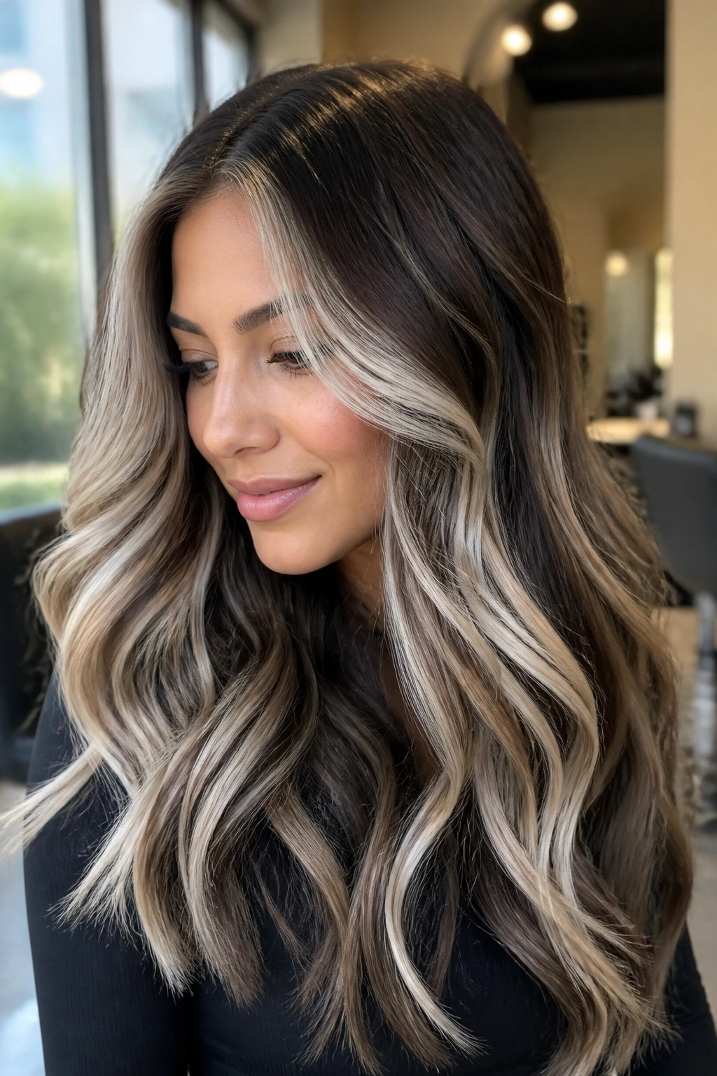 Thick brown hair with white balayage on a real person