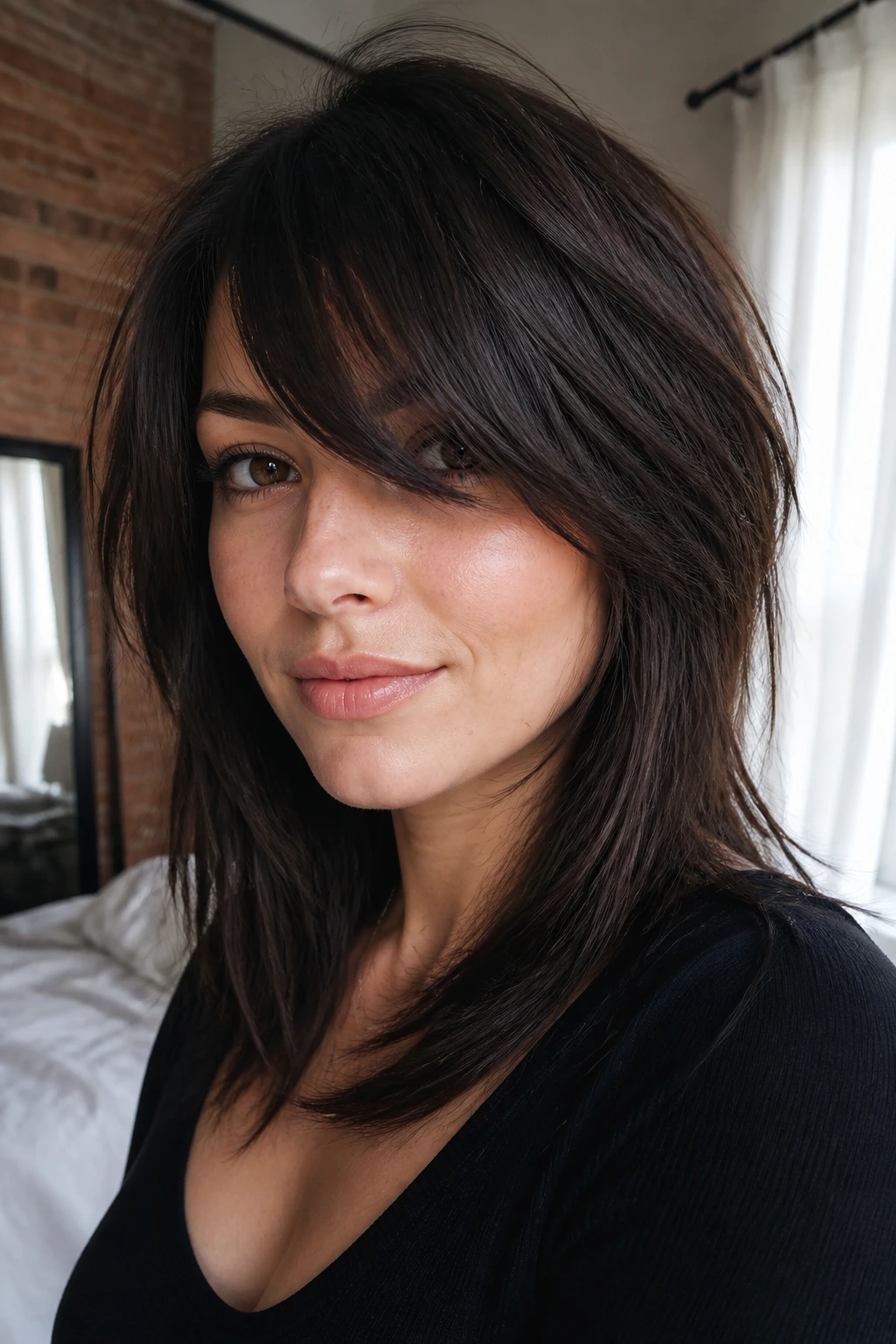 Close-up portrait of a real woman with thick choppy side bangs for dense hair in bright room