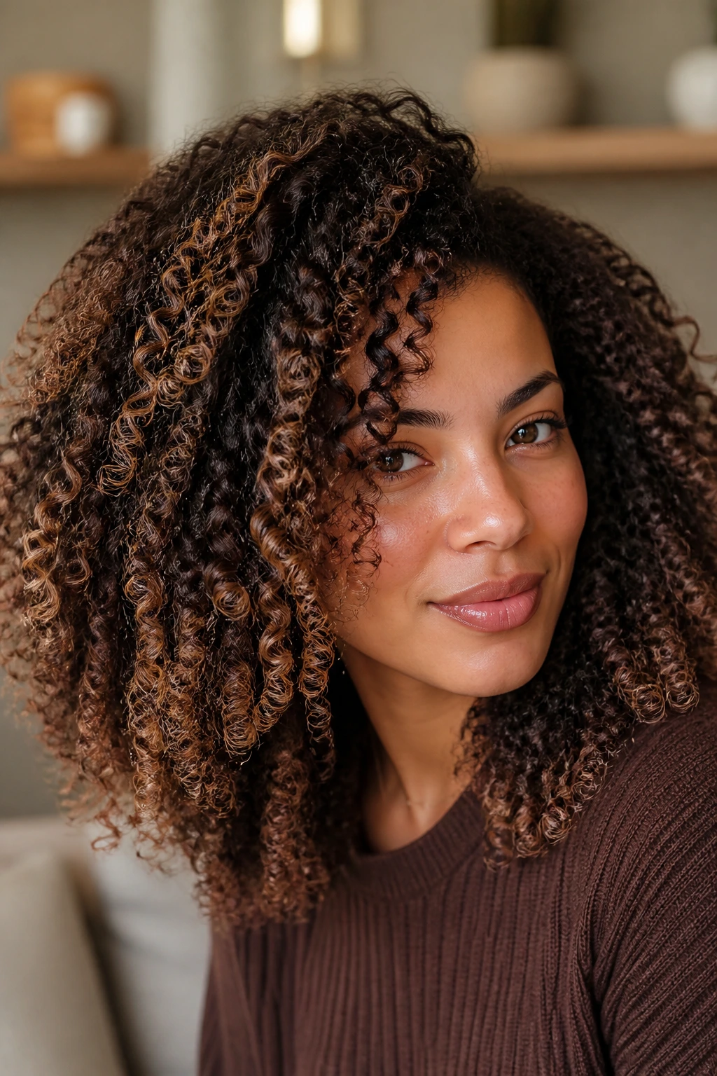 Close-up of a real woman with thick coils and painted surface glow in a warm setting