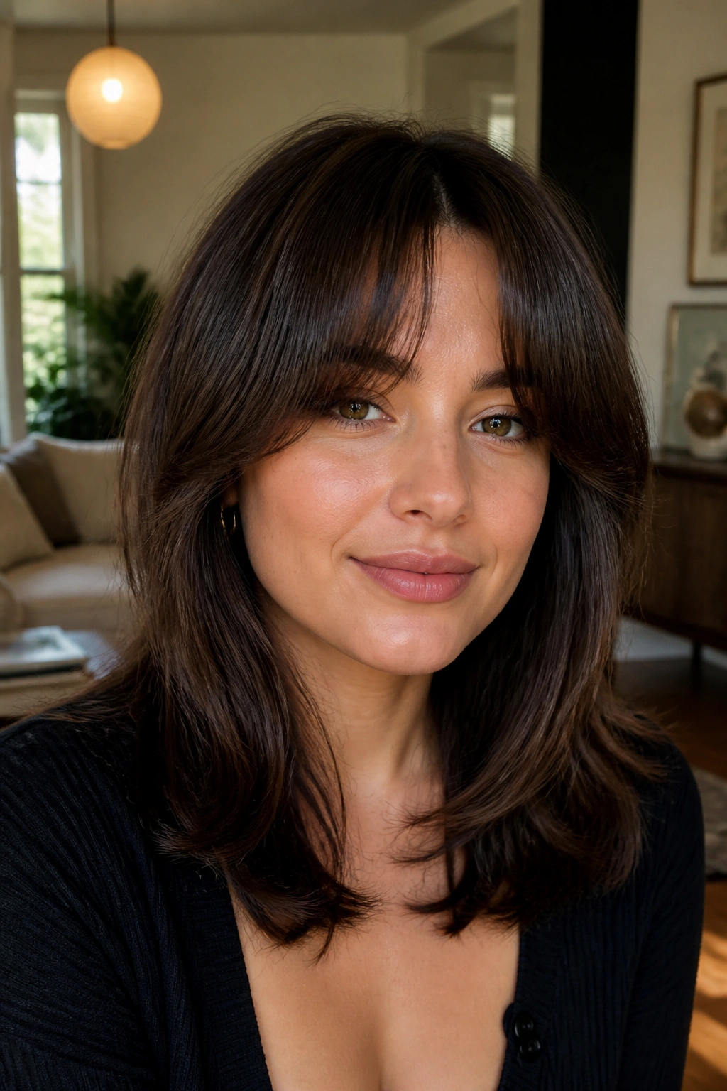 Close-up portrait of a real person with thick curtain bangs and layered ends