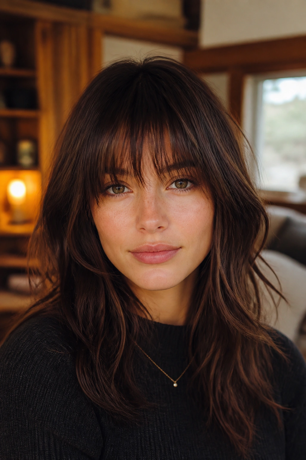 Close-up of a woman with thick fringe and broken ends