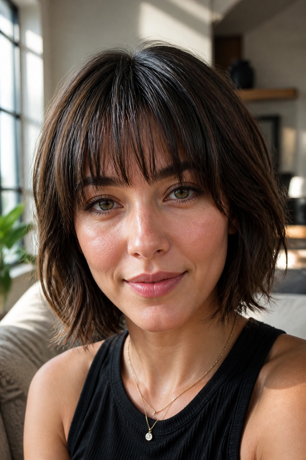 Close-up portrait of a real woman with a thick fringe thinned from the inside.