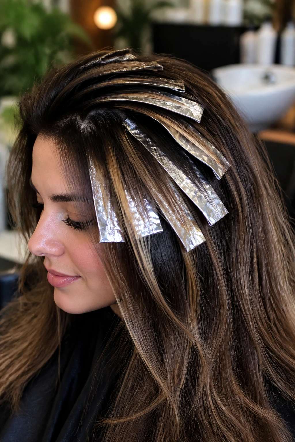 Close-up portrait of thick hair with alternating foils for dimension