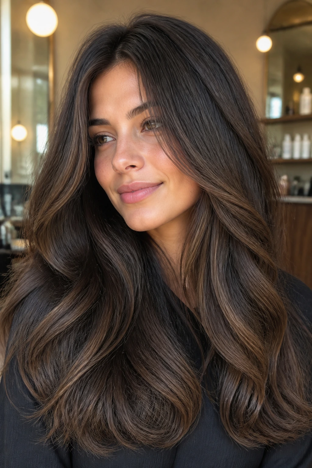Close-up of thick hair with low-contrast chocolate balayage on a real person
